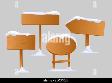 set of wooden street signs in the snow. Snow road sign. Winter and snow vector set. Stock Vector