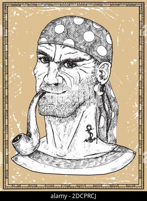 Portrait of seaman, pirate captain or boatswain smoking pipe on texture background. Hand drawn engraved vector illustration of sailor, seaman or seafa Stock Vector