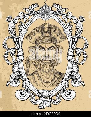 Portrait of angry pirate captain with beard and parrot on texture background. Hand drawn engraved vector illustration of sailor, seaman or seafarer in Stock Vector