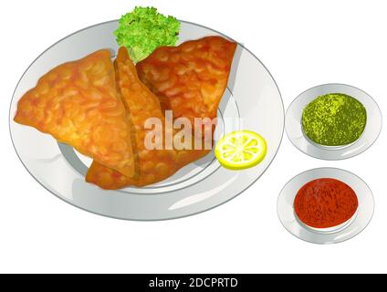 Samosa, Indian food with sauce on white plate Stock Vector