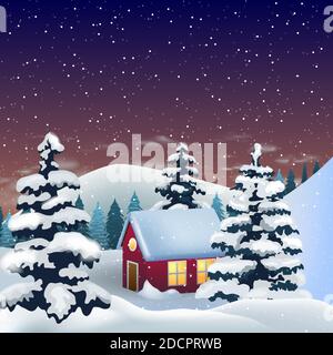 Little house in snowy hills, cozy winter scene Stock Vector