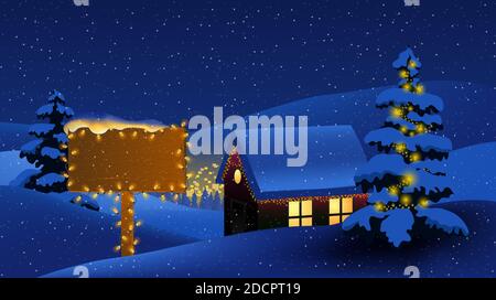 Vector of Christmas scene, snowfall, wood road sign and light. Christmas light night village. winder dark background Stock Vector