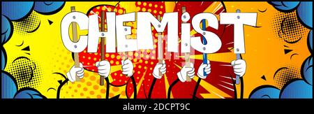 Diverse hands holding letters of the alphabet created the word Chemist. Vector illustration. Stock Vector