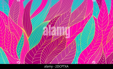 Hand drawn stylized plant leaves. Abstract Eco art. Vector multicolored pattern from wavy lines. Stock Vector