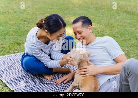 Young adult Asian couple playing a puppy with green grass outdoors in background. 30s mature man and woman lying down on mat in the park touching a dog pet. Happy family and modern life concept Stock Photo