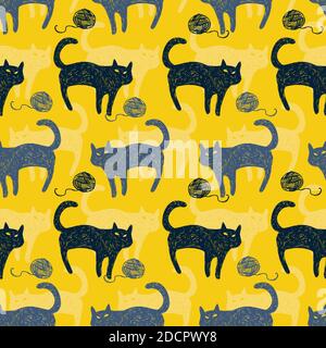 Vector yellow mystery cat pen sketch rows seamless pattern with ball of yarn. Perfect for fabric, scrapbooking and wallpaper projects. Stock Vector