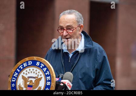 New York, United States. 22nd Nov, 2020. U.S. Senator Chuck Schumer speaks during a media briefing on COVID-19 and Navy Grumman Plume in New York City. Senator spoke of Navy to contain the Grumman Plume. Schumer asked President-elect transition team to oversee the U. S. Navy to clean up the plume. The Grumman Plume owned by U. S. Navy and Northrop Grumman was contaminated with toxic chemicals since mid 1970th at Bethpage facility sites in Long Island. Senator was holding Newsday newspaper which published an investigative report on The Grumman Plume. Credit: SOPA Images Limited/Alamy Live News Stock Photo