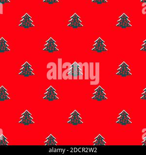 Seamless pattern with green christmas trees on a red background. Isometric concept. New Year and Christmas background Stock Photo