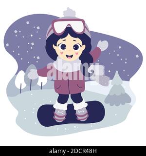 Winter sport. Cute pretty girl is snowboarding and waving. Character on a decorative background with a winter landscape and snow. Vector illustration Stock Vector