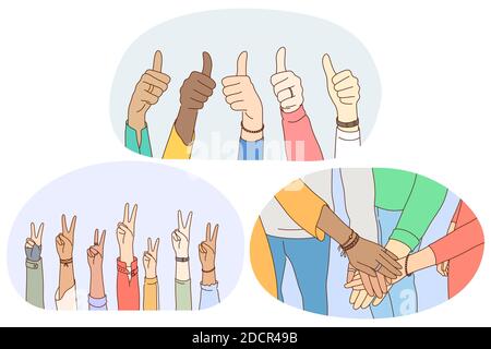 Sign and gesture language, hands emotion expression concept. Hands of mixed race people showing thumbs up sign, peace fingers sign and making heap of Stock Vector