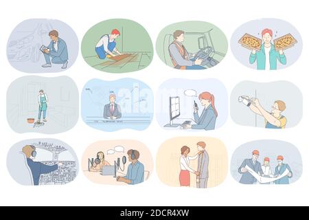 Professions, occupation, work, job, specialists, labor, business concept. People professional designer repairman worker driver courier cleaner present Stock Vector