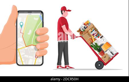 Mover with hand truck and package for transportation and smartphone. Moving to new house. Family relocated to new home. Paper cardboard boxes with various household thing. Flat vector illustration Stock Vector