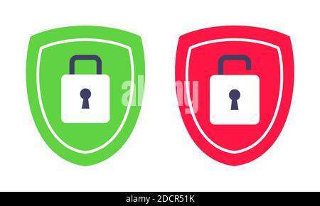 Shield with closed and opened padlock on it security protection symbol set. Stock Vector