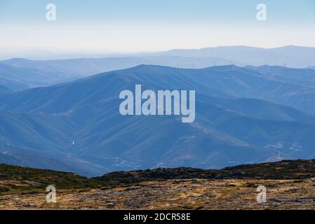 Wonderful aerial landscape in mountain. Blue smoke and sky Stock Photo