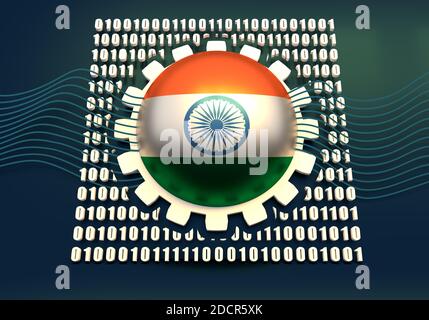 Binary code background with gear and flag of the India. Algorithm binary, data code, decryption and encoding. 3D rendering Stock Photo