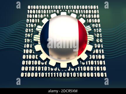 Binary code background with gear and flag of the France. Algorithm binary, data code, decryption and encoding. 3D rendering Stock Photo