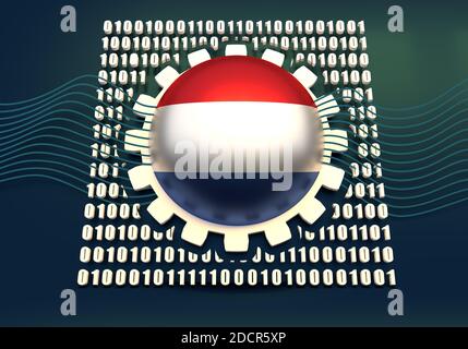 Binary code background with gear and flag of the Netherlands. Algorithm binary, data code, decryption and encoding. 3D rendering Stock Photo