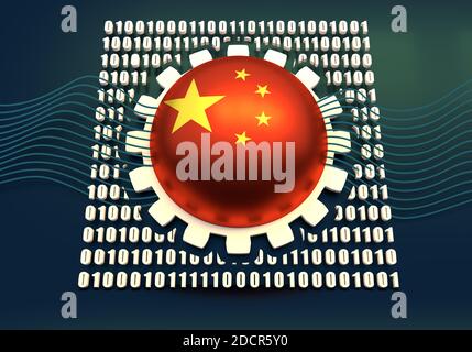Binary code background with gear and flag of the China. Algorithm binary, data code, decryption and encoding. 3D rendering Stock Photo