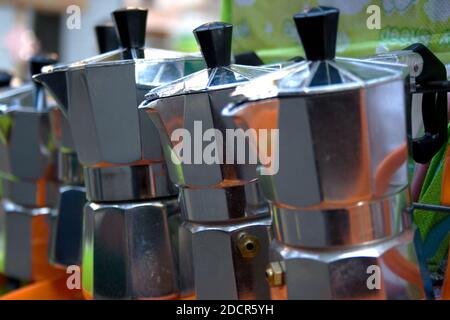 Old coffee maker (called moka or mocha) for italian coffee espresso  with open lid seen through a magnifying glass - Concept image Stock Photo -  Alamy