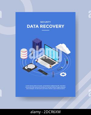 security data recovery people standing sitting on laptop sever big data hard disk ram memory cloud for template of banners, flyer, books cover Stock Vector