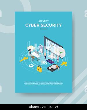 security cyber security people standing around computer laptop smartphone router hard disk padlock for emplate of banners, flyer, books cover Stock Vector