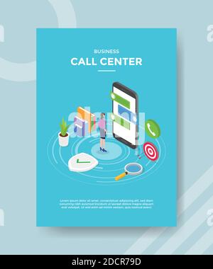 business call center women standing front smartphone around book stack shield arrow target board for template of banners, flyer, books cover Stock Vector