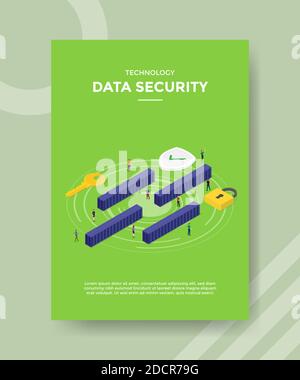 technology data security people standing around server padlock shield key for template of banners, flyer, books cover, magazines Stock Vector