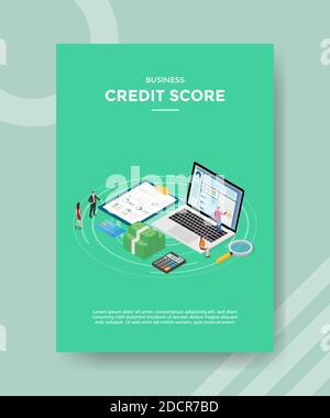 financial advice pbusiness credit score people standing sitting on laptop money calculator chart board or template of banners, flyer, books cover Stock Vector
