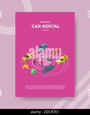 business car rental people standing around car vehicle transportation key moneyfor template of banners, flyer, books cover, magazines Stock Vector