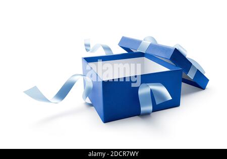 Blue open gift box with ribbon isolated on white background Stock Photo