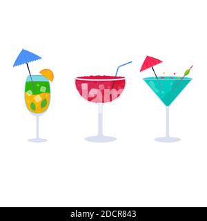 Set of Tropical cocktails. Alcoholic summer drinks in glasses, mojito, vodka, sambuca, martini, juices, bloody mary. Holiday and beach party concept f Stock Vector