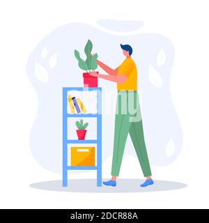 Home garden concept. Young man is holding plant with leaves, cares for flower, watering, planting, cultivating. Illustration of flowers, plants in Stock Vector