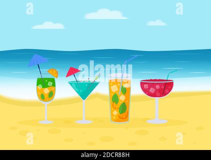 Set of Tropical cocktails. Alcoholic summer drinks in glasses on the beach, mojito, vodka, sambuca, martini, juices, bloody mary. Holiday concept for Stock Vector