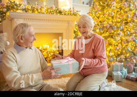 Elderly woman holding christmas gift from her husband and looking surprised Stock Photo