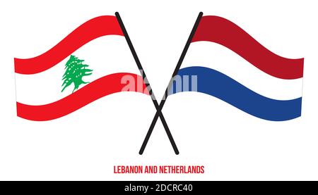 Lebanon and Netherlands Flags Crossed And Waving Flat Style. Official Proportion. Correct Colors. Stock Photo