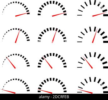 Different Gauge, Meters template. Needle set from low (minimum) to high (maximum). Calibration, calibrate, benchmark and level concept icon - Royalty Stock Vector