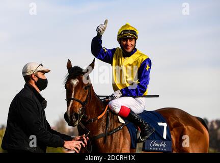 Prague, Czech Republic. 21st Nov, 2020. German jockey Alexander Pietsch with Vivienne Wells won the 75th Czech St. Leger race, on November 21, 2020, in Prague, Czech Republic. Credit: Roman Vondrous/CTK Photo/Alamy Live News Stock Photo