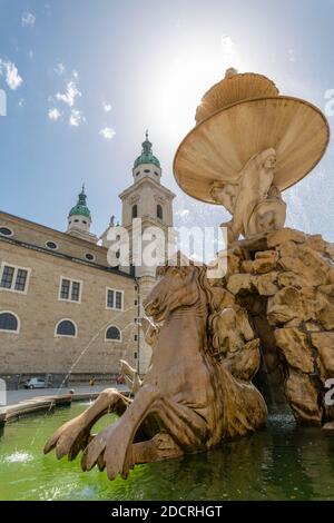 View of and Salzburg Cathedral in Residenzplatz, Salzburg, Austria, Europe Stock Photo
