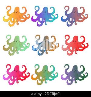 Octopus in nine different gradient colors illustration. On an isolated white background. Stock Vector