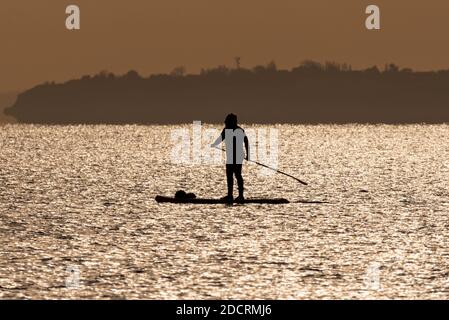 Southend on Sea, Essex, UK. 23rd Nov, 2020. The day has dawned bright but cold. A lone paddle boarder is out on the Thames Estuary, silhouetted against shiny water Stock Photo
