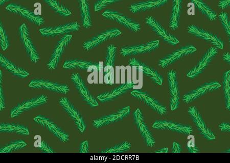 Christmas seamless pattern with fir branches isolated on green background.Winter, Christmas and New Year holiday background. Stock vector illustration Stock Vector