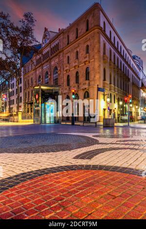 Liceu opera house and Pavement mosaic designed by artist Joan Miro on Rambla pedestrian mall , Barcelona, Catalonia, Spain Stock Photo