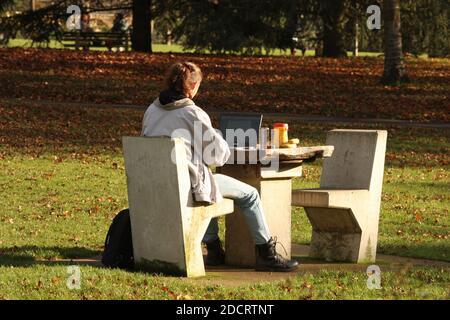 Woman working in public park on a laptop, sitting at stone chair and table with a drink, in November, England, UK during Coronavirus lockdown Stock Photo