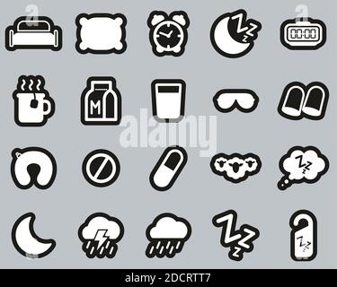 Sleep Or Sleeping Icons White On Black Sticker Set Big Stock Vector