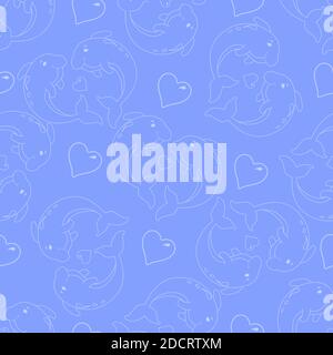 Dolphins seamless pattern on a lilac background. White lines and hearts. Stock Vector