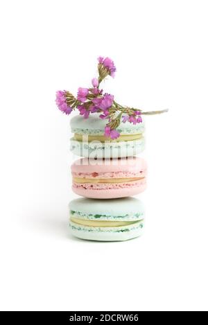Three tasty french colored macarons and beautiful pink flowers above isolated on the white background. Colorful macarons. Front view. Stock Photo