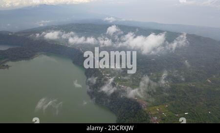 Panoramic aerial view of beautiful twin lakes in an ancient volcanic caldera. Lakes Buyan and Tamblingan, Bali, Indonesia Stock Photo