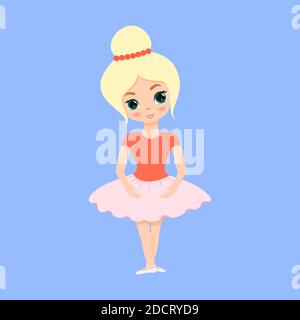 Cute small ballerina dancing. Ballerina girl in pink tutu dress. Beautiful kid flat cartoon vector illustration isolated on blue background. Stock Vector