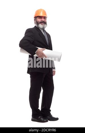 in full growth. smiling architect with a roll of drawings Stock Photo