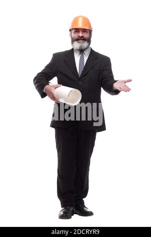 architect with a roll of drawings looking at you. isolated on a white Stock Photo